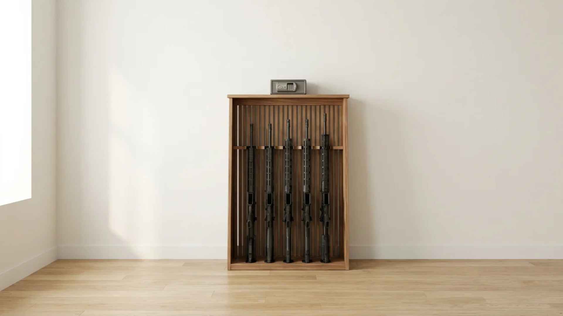 Freestanding vertical rifle rack holding firearms upright against a clean minimalist wall
