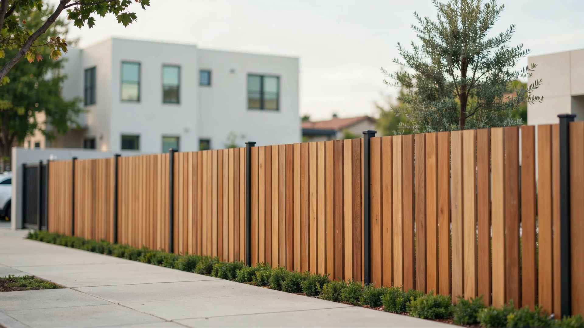 Modern vertical slat wooden fence with black metal posts in a contemporary landscape.