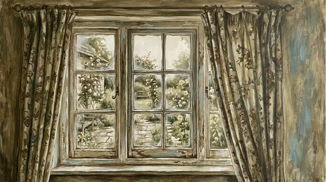 Vintage window view canvas painting with curtains and garden scene