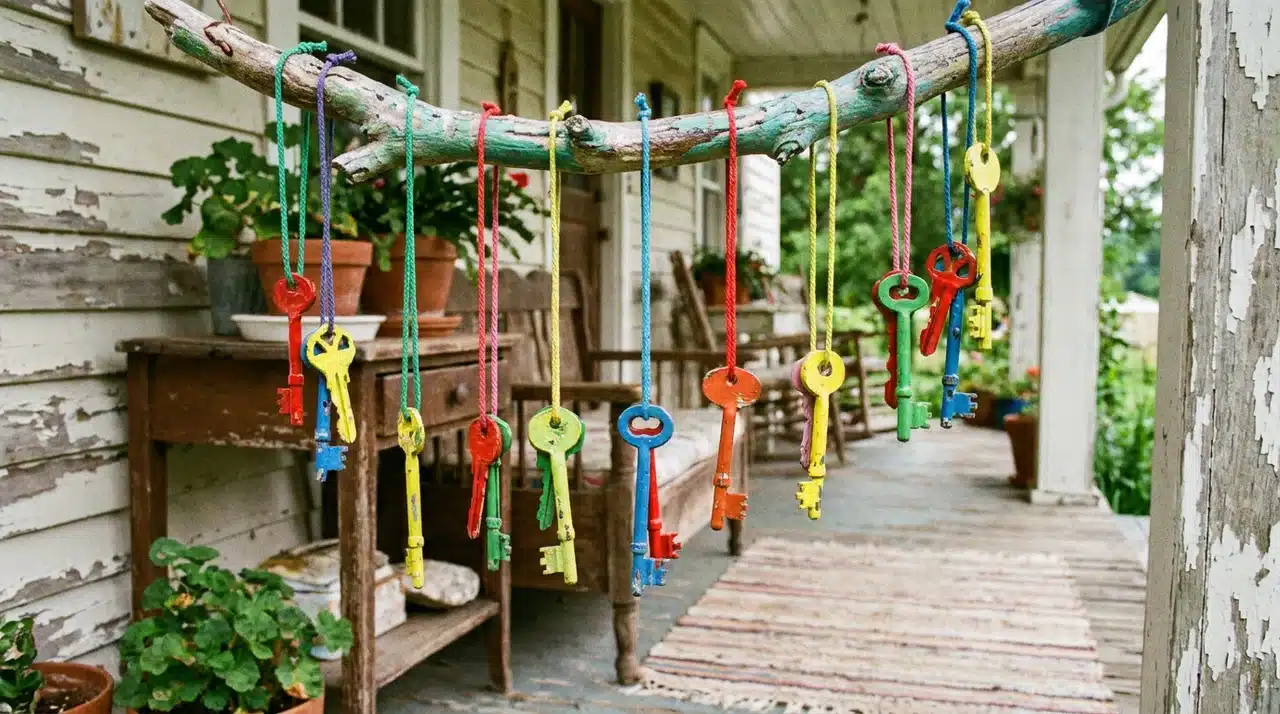 Brightly painted vintage keys in red, blue, green, and yellow hanging from a painted branch on a porch