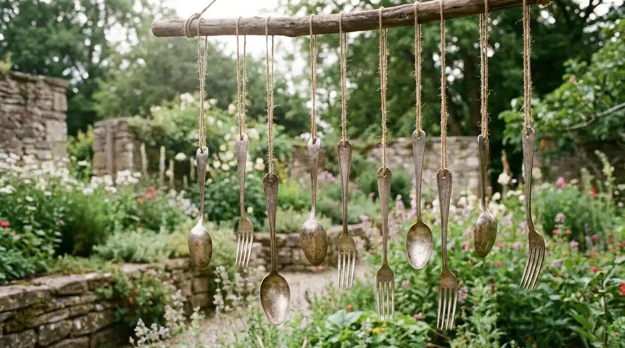 Old silver spoons and forks hanging from a wooden branch on twine in a cottage garden