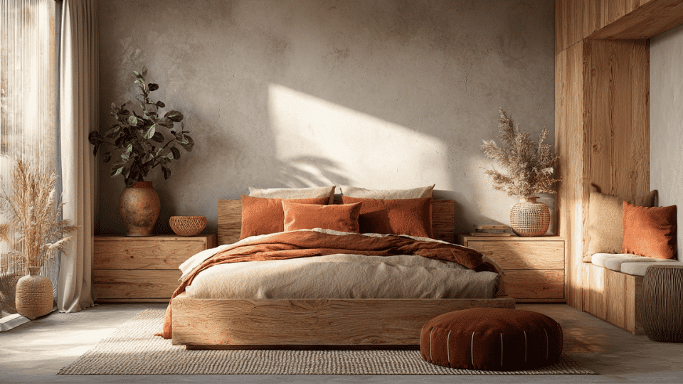 Minimalist bedroom with warm earth tones and natural organic textures.