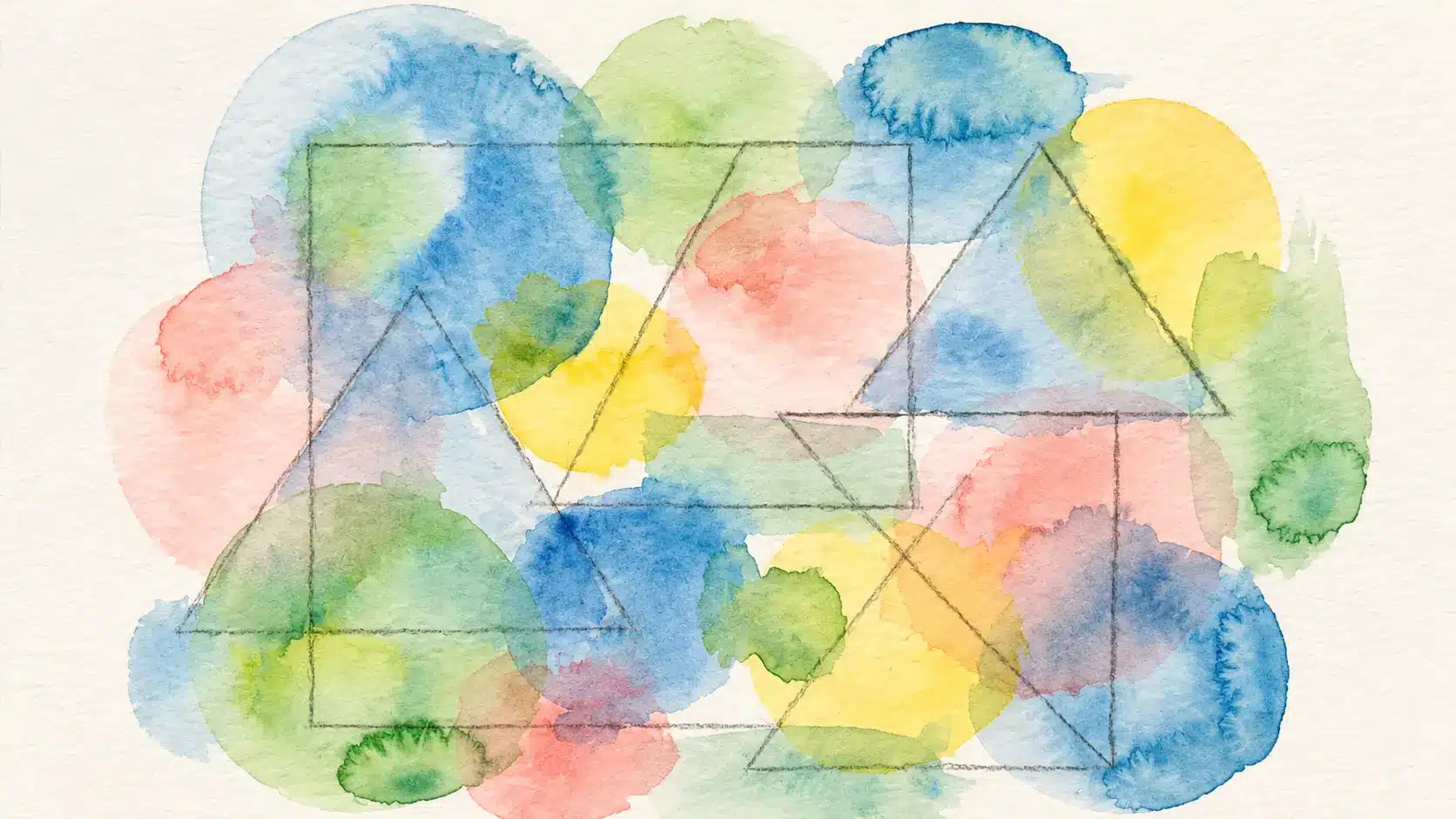Watercolor abstract shapes and overlapping color patterns on white paper