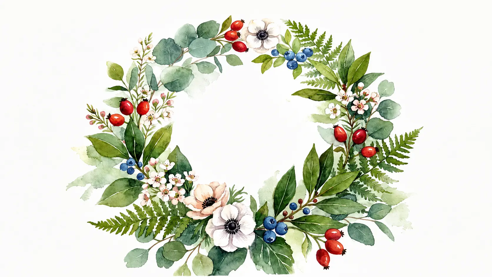 Watercolor botanical wreath with painted leaves, small flowers, and berries