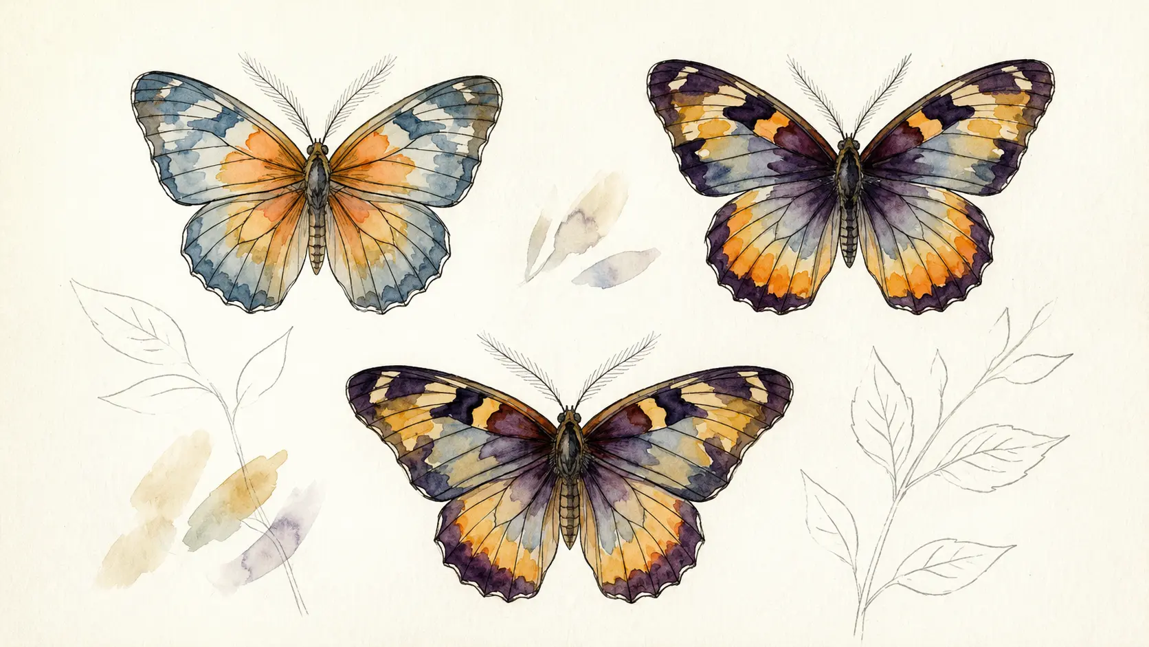 Watercolor butterfly with blended wing colors and simple patterned details