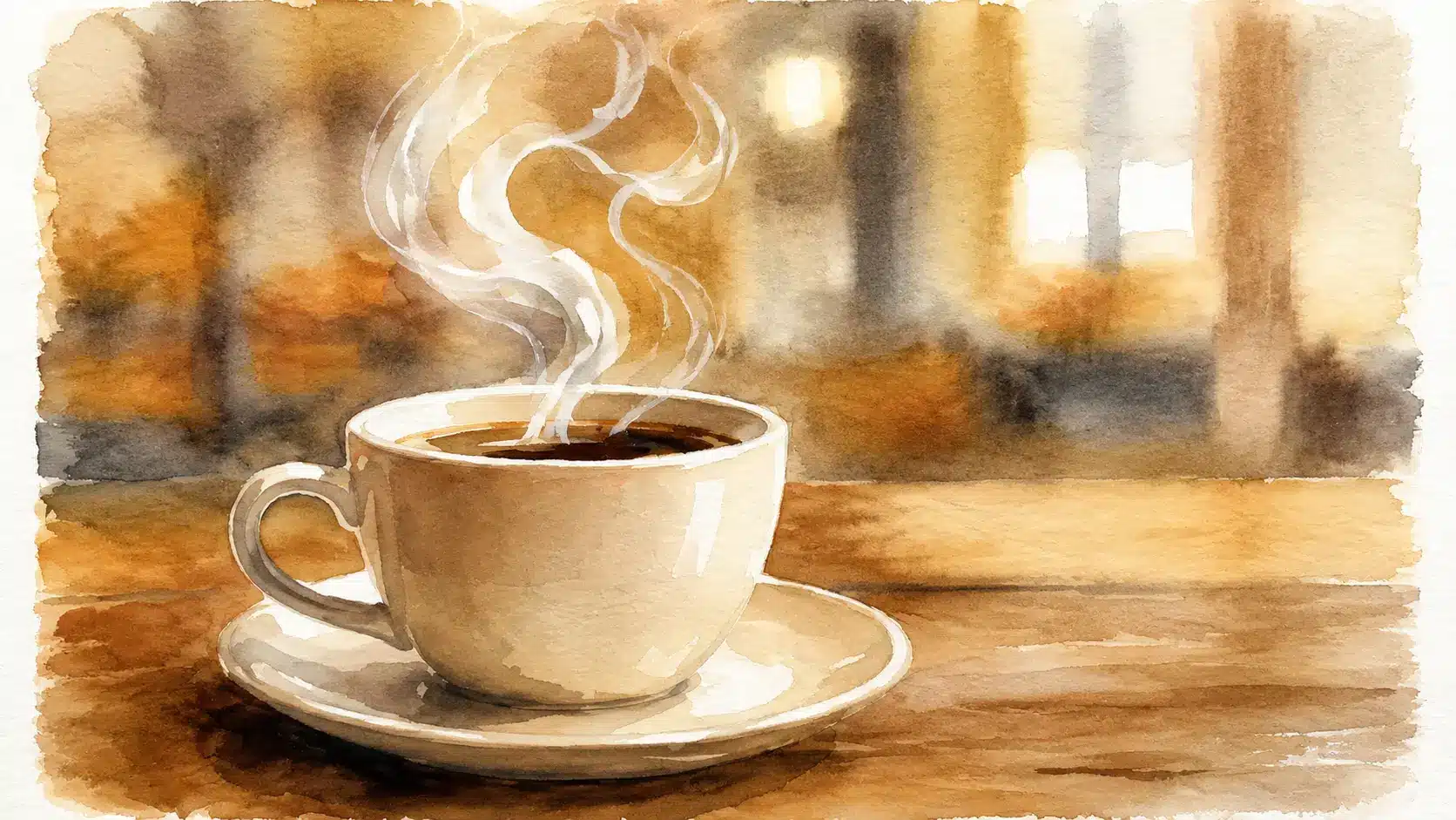 Watercolor coffee mug painting with warm brown tones and rising steam