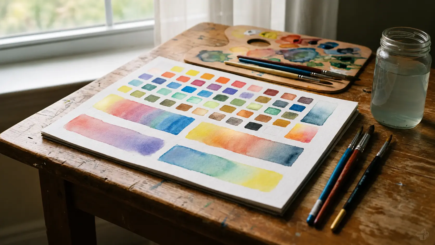 Watercolor color swatches and gradient washes on textured paper for beginners
