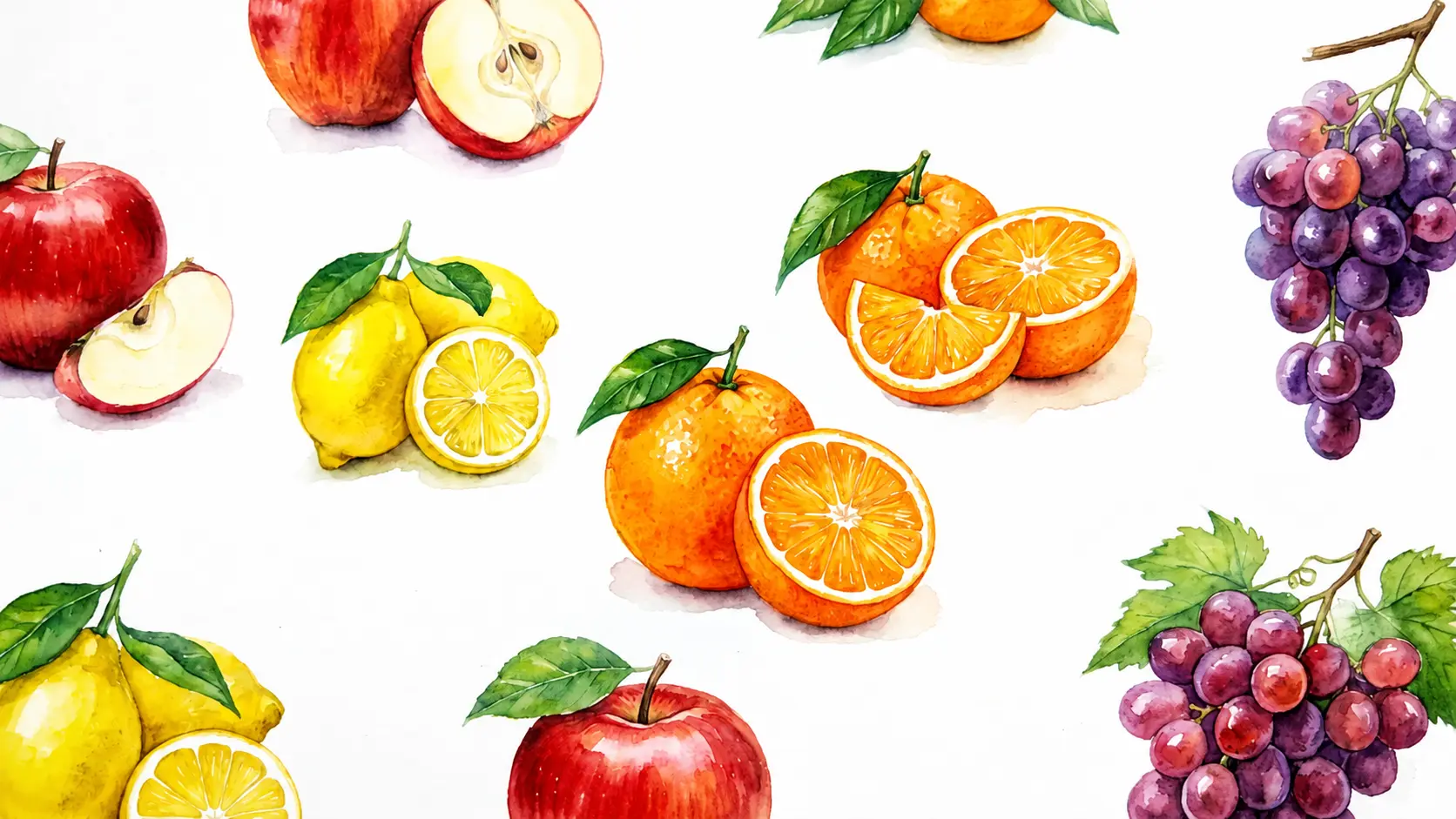 Watercolor fruit illustrations showing apples, lemons, and grapes