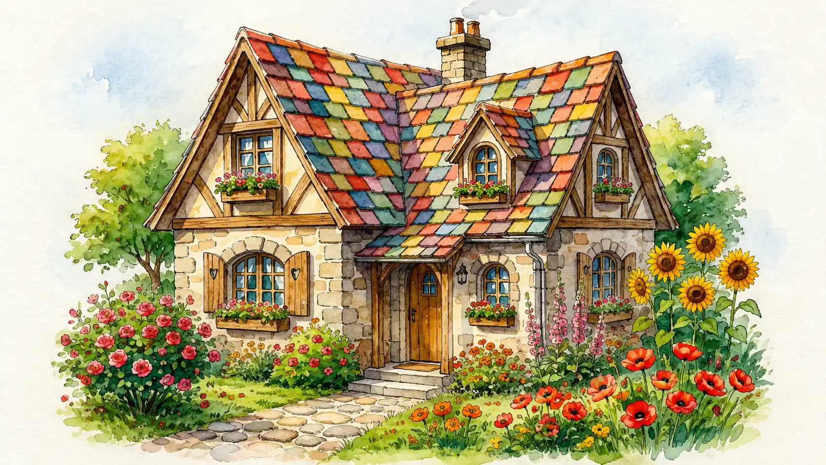 Watercolor illustration of a small colorful house with a simple background