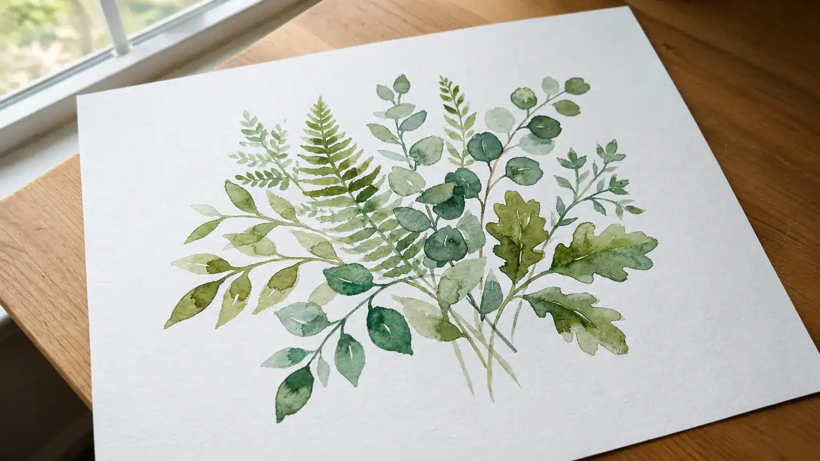 Watercolor leaves and greenery painted in varying shades of green