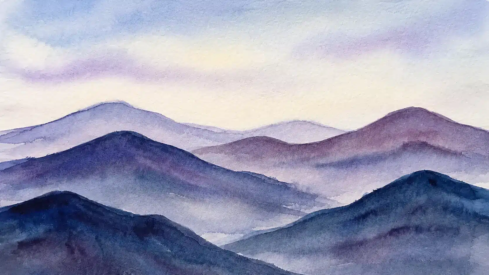 Watercolor mountain landscape with layered peaks and soft sky background