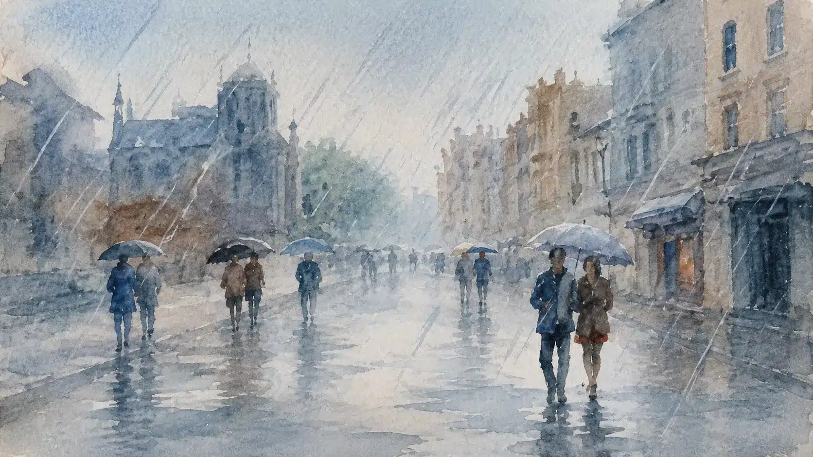 Watercolor rainy day scene with soft blurred background and thin rain lines