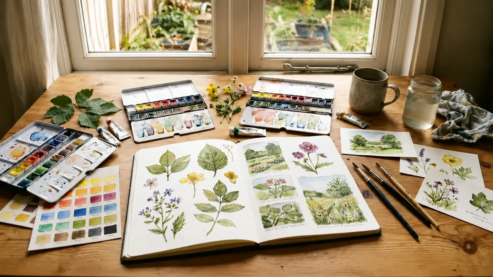 Watercolor sketchbook open to nature studies beside paints and brushes on a desk