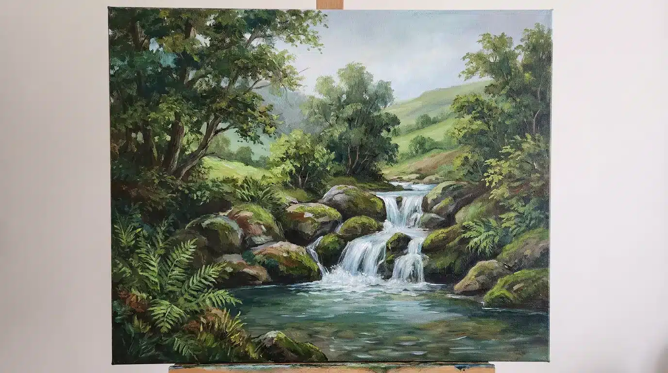 Waterfall landscape canvas painting with white and light blue strokes