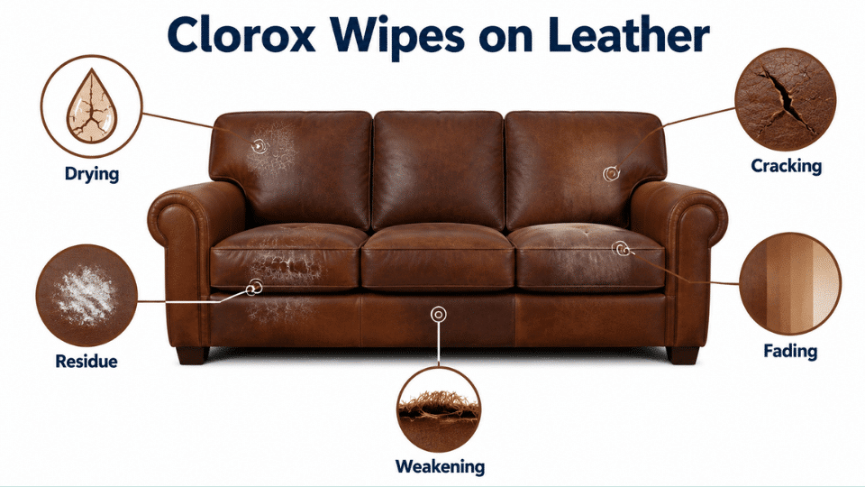 Infographic showing how Clorox wipes can cause drying, cracking, fading, residue, and weakening on leather.