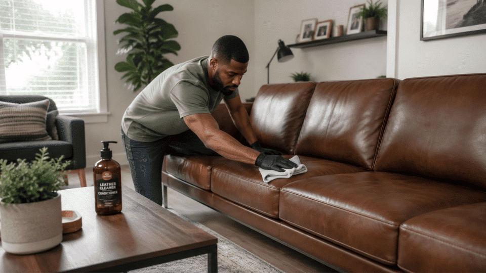Person cleaning a brown leather couch with a microfiber cloth and leather cleaner in a bright living room.