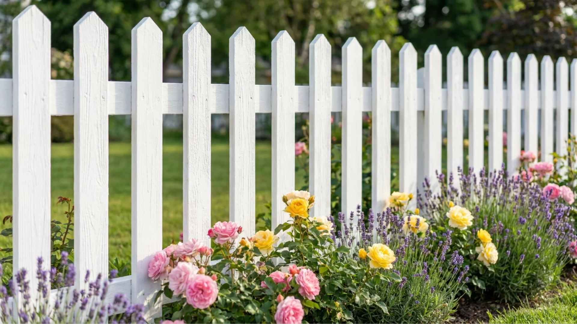 Classic white picket fence with evenly spaced vertical boards bordering a traditional front yard garden.