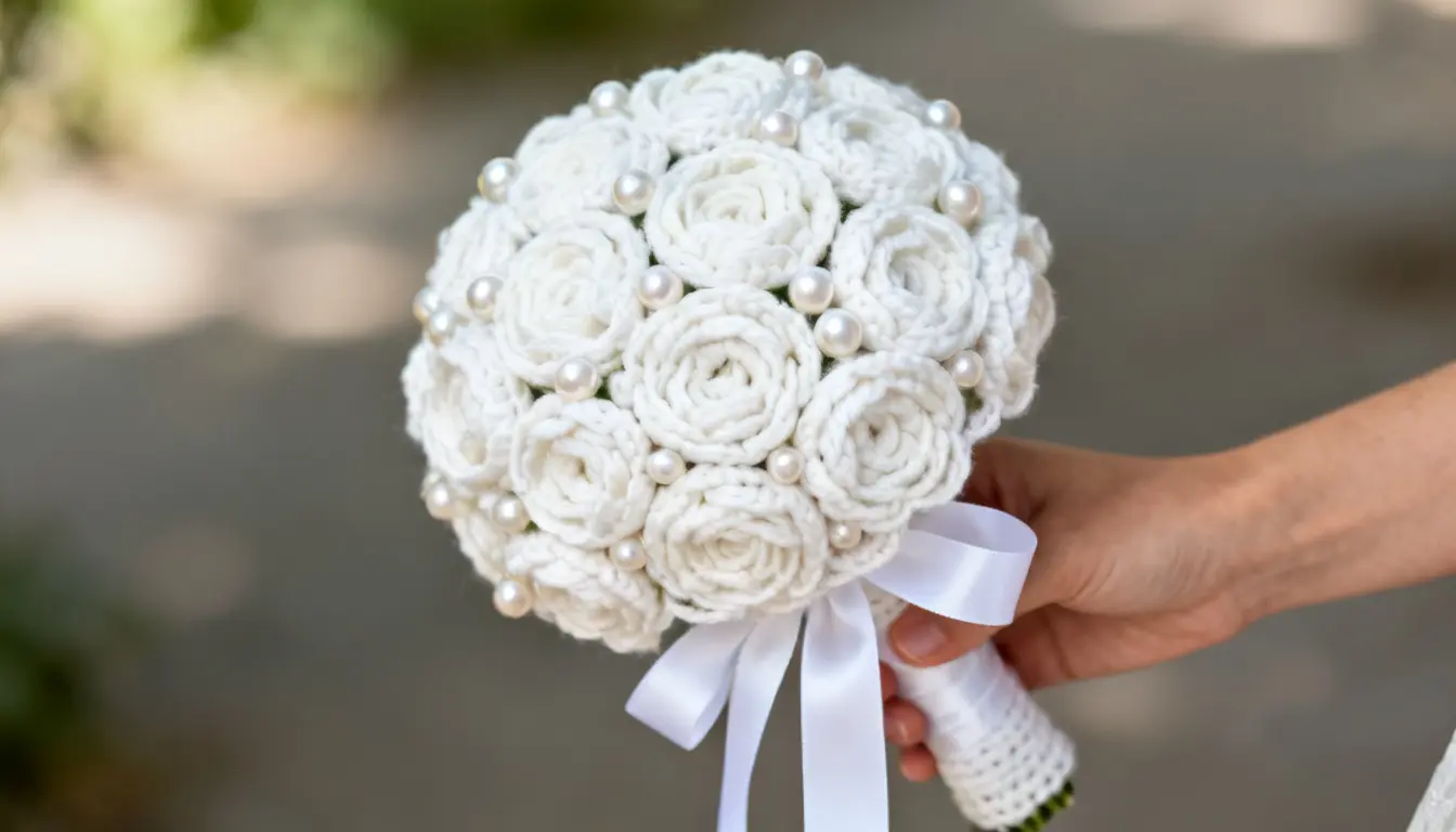 Hand holding crochet white rose wedding bouquet with pearl details and ribbon