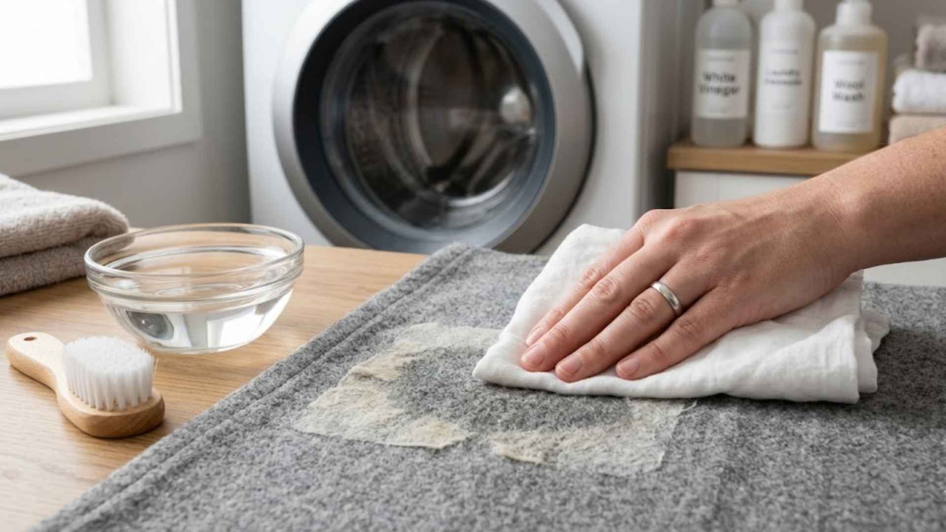 Cloth soaked in white vinegar placed on fabric to loosen sticker residue on linen or wool.