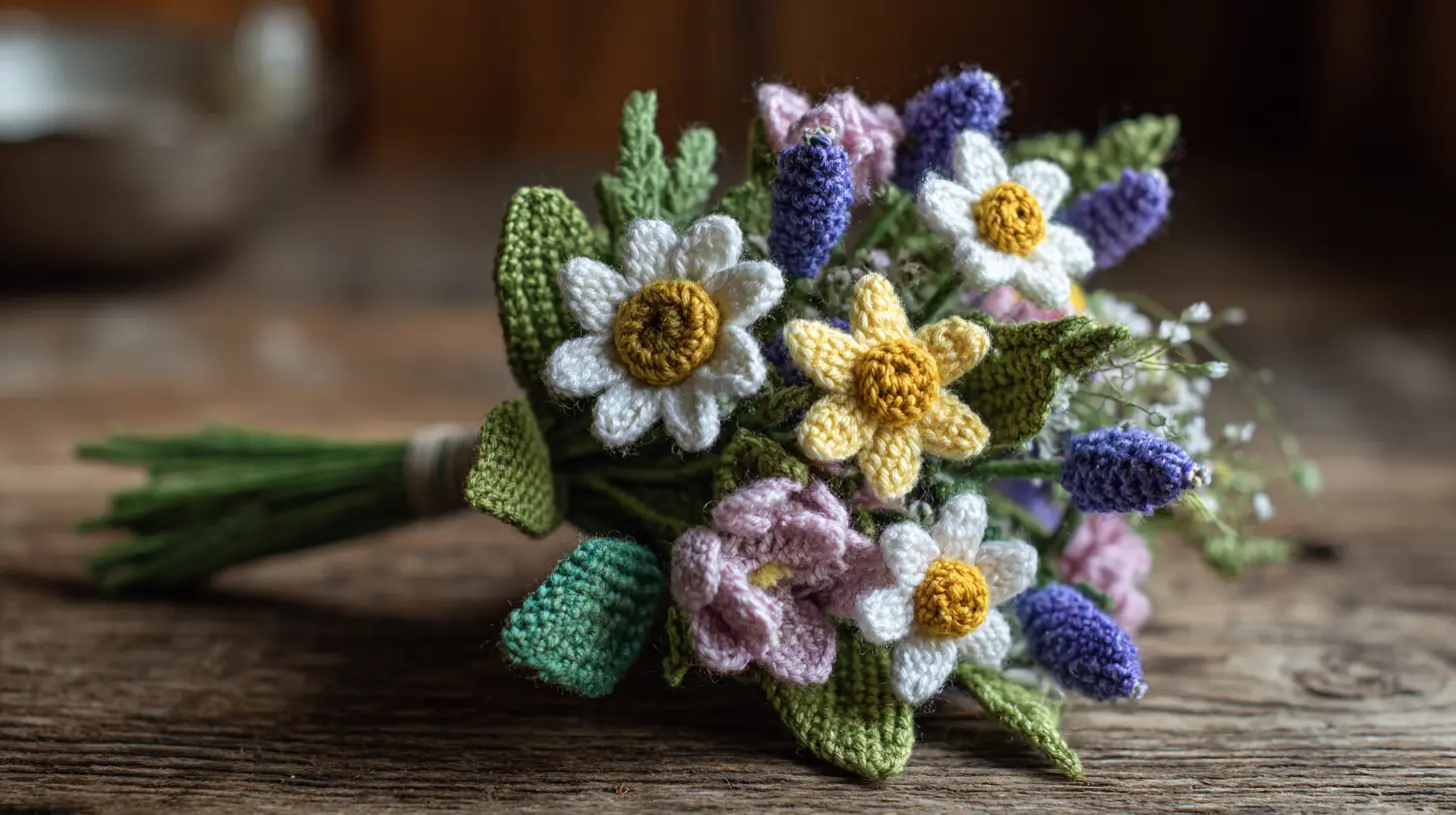 Crochet wildflower meadow bouquet with mixed flowers and natural arrangement
