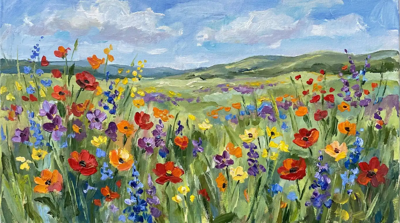 Wildflower meadow canvas painting with red, yellow, and purple strokes