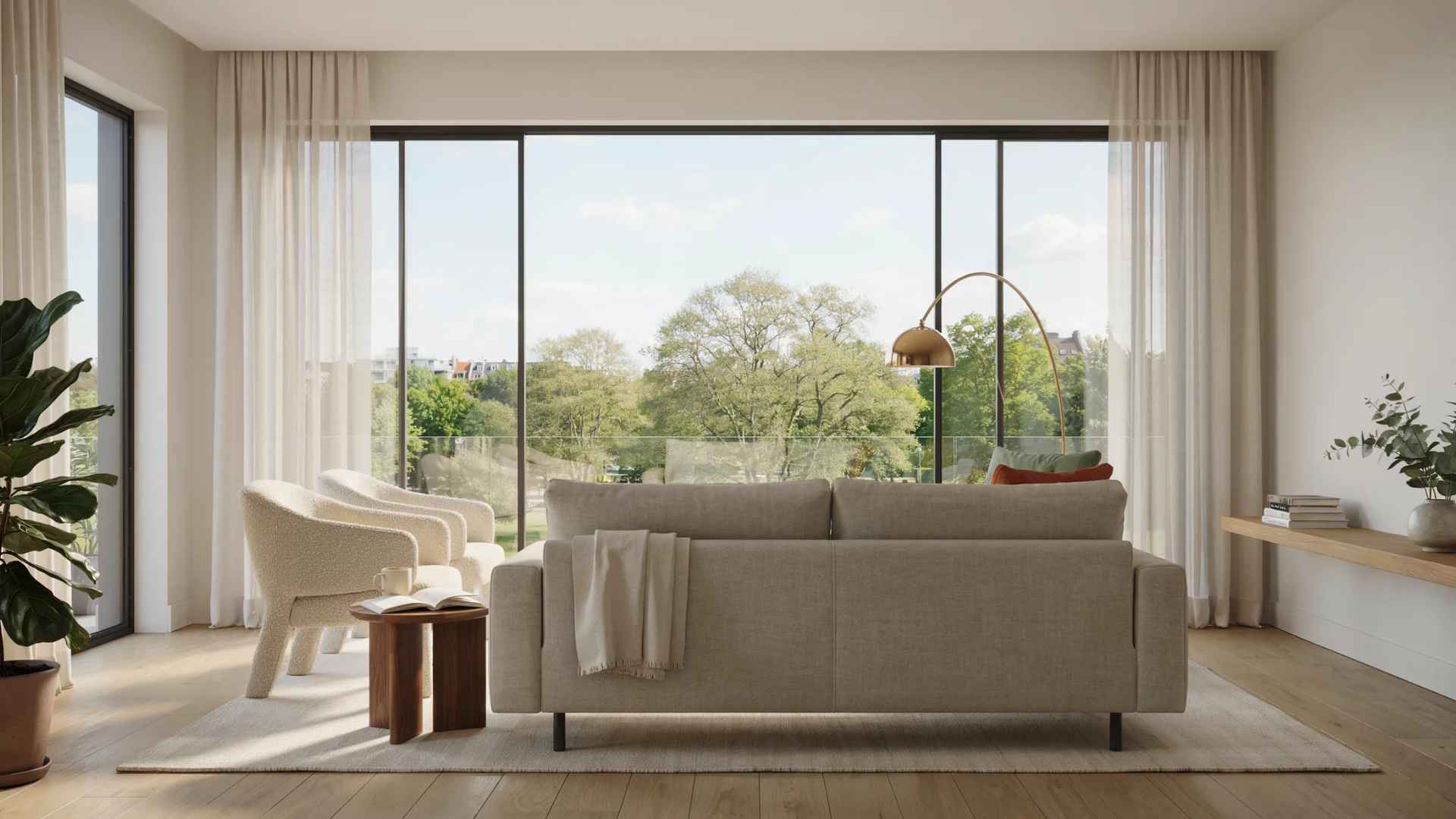 Living room with furniture positioned to take advantage of large windows and natural light.
