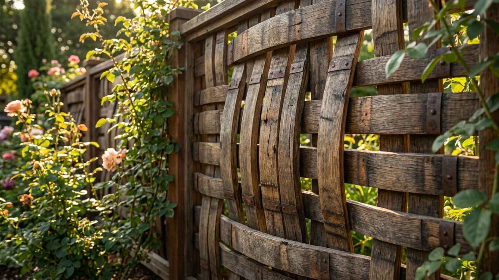 Wine barrel stave fence with curved wood panels for a garden border