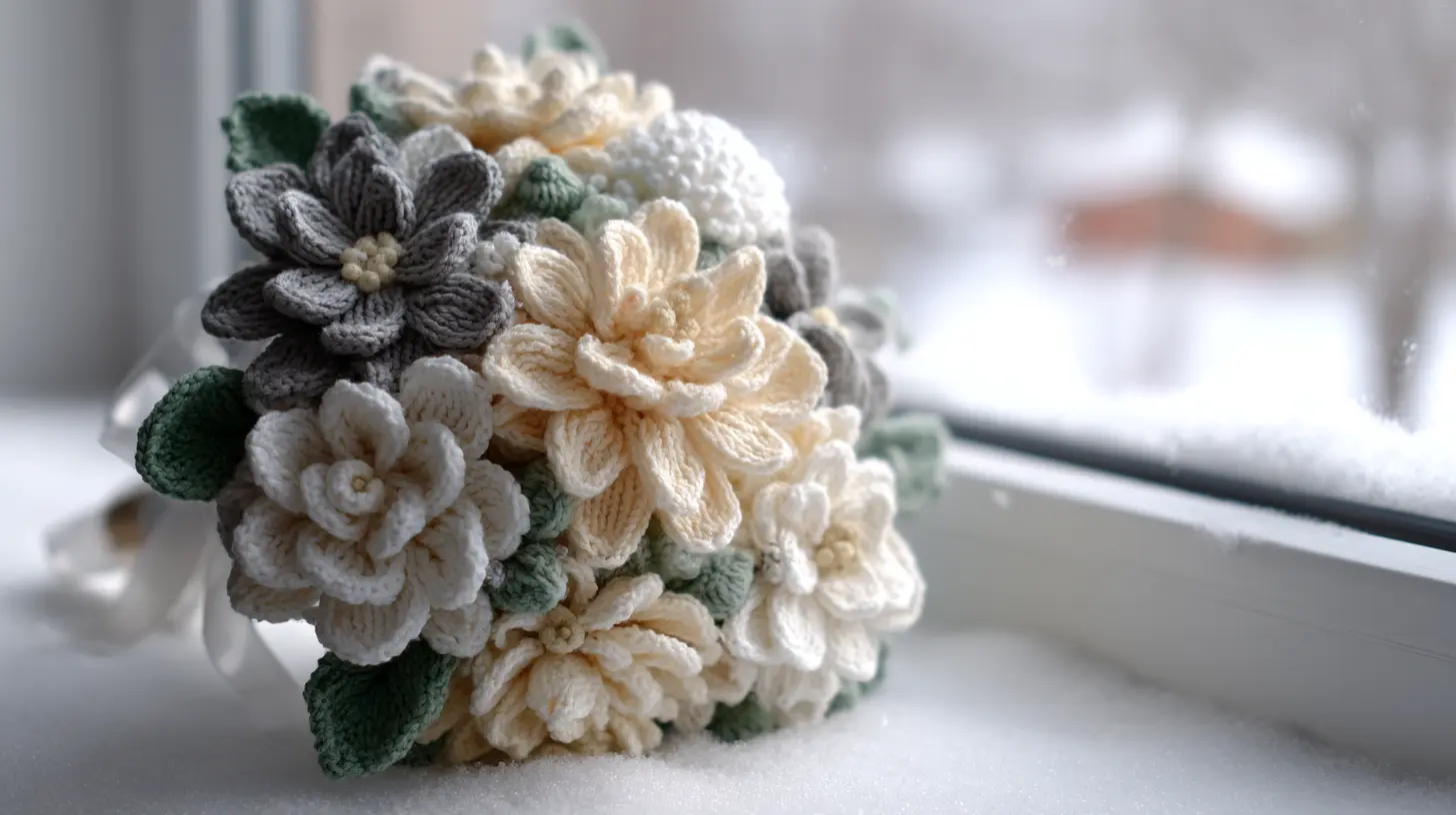 Crochet winter white bouquet with cream flowers and pearl accents