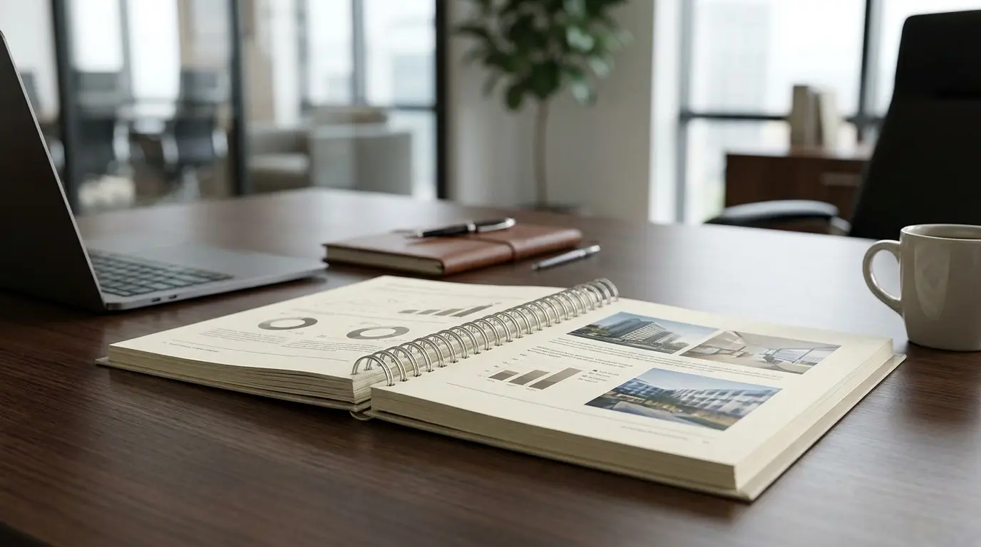 Wire-O bound report opening flat on a desk