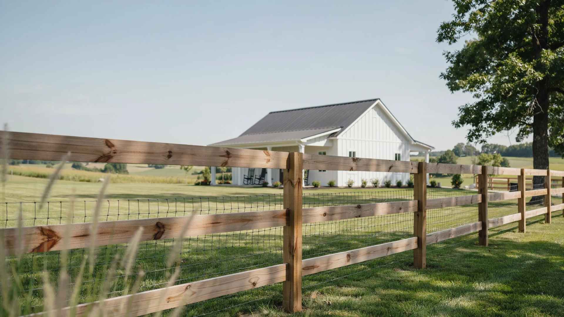 Wood-framed hog wire fence enclosing a yard while maintaining open landscape views.