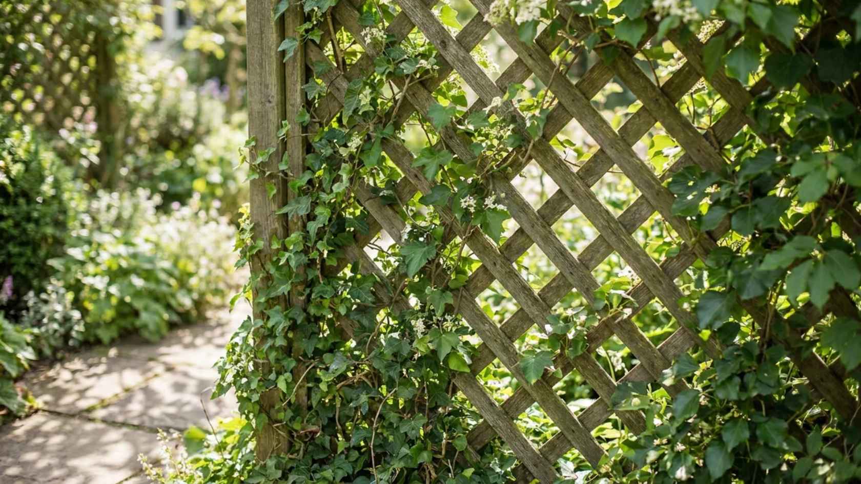 Wooden lattice fence panel covered with climbing ivy adding partial privacy to the garden