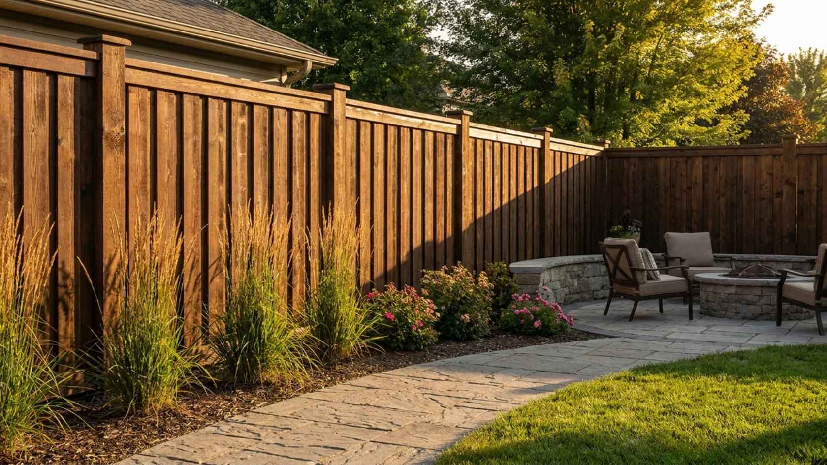 Board on board wooden privacy fence with overlapping panels and full backyard coverage