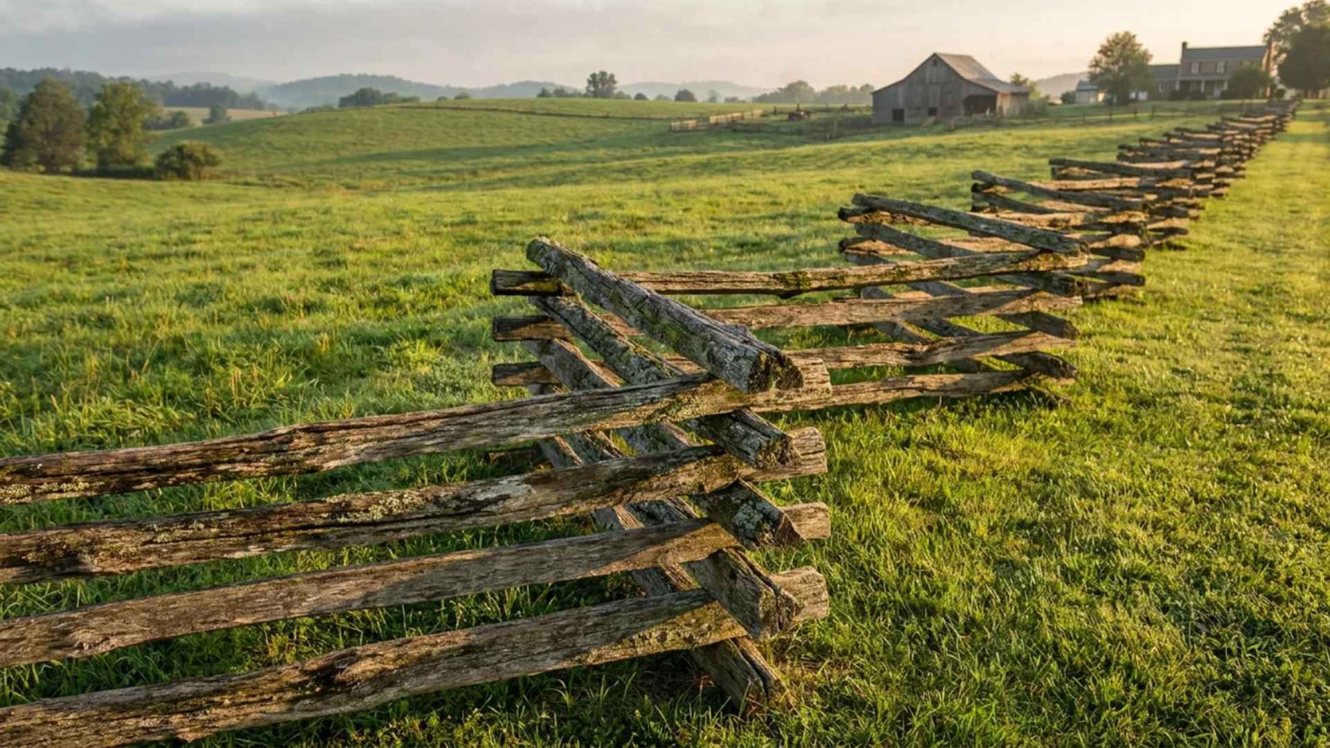 Worm rail fence made from split logs arranged in a zigzag pattern across a rural field.