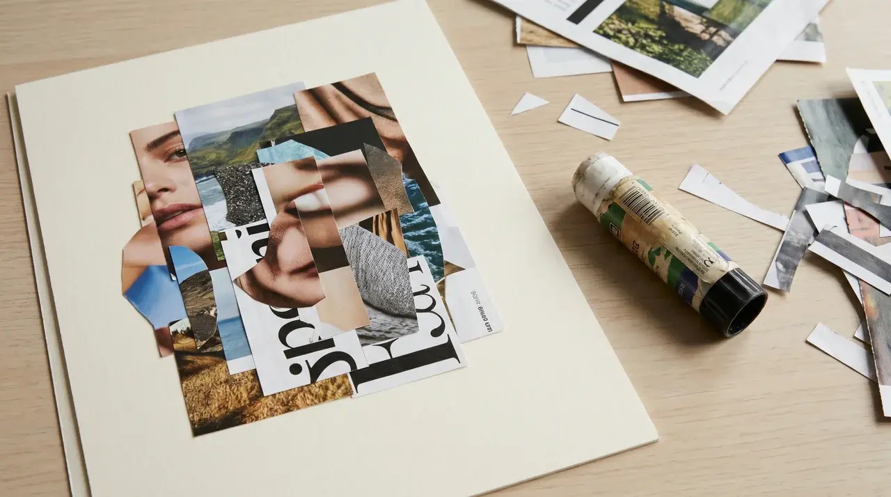 Cut magazine pieces arranged on cardstock with a glue stick on a light surface