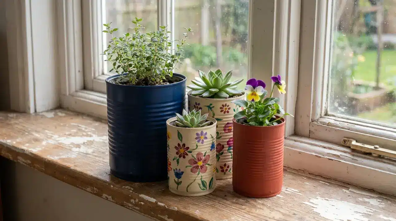 Three painted tin cans of different sizes grouped on a windowsill, each holding a small plant