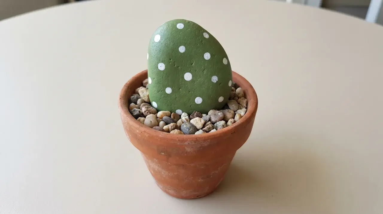 Green painted rock with white dot pattern in a small terracotta pot filled with pebbles on a light surface