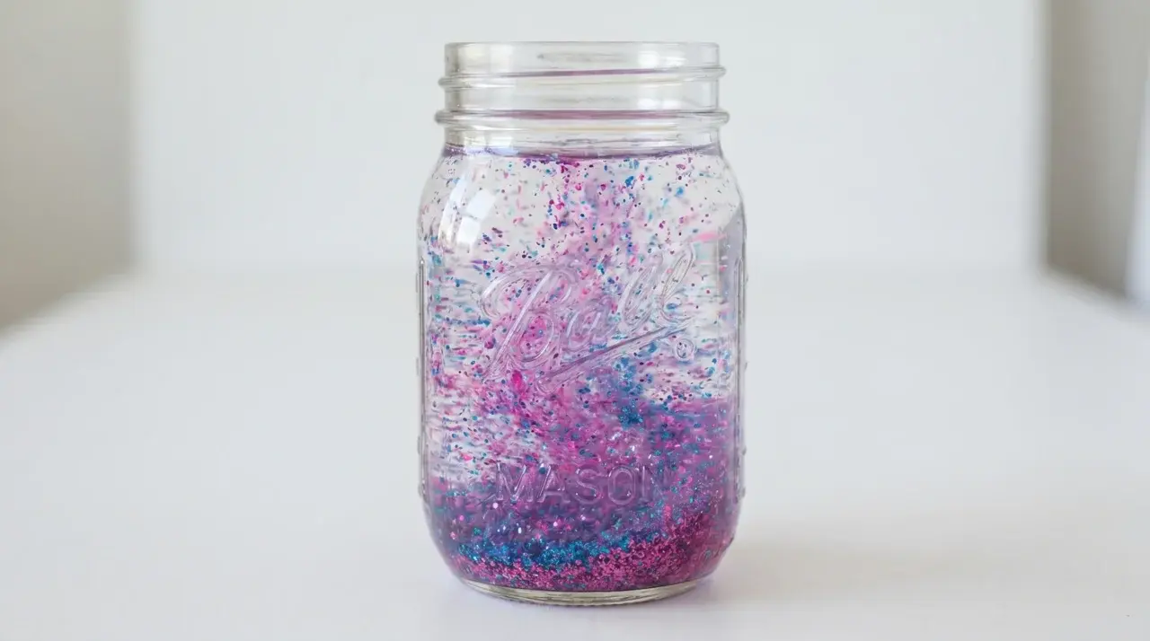 Sealed glass jar filled with water and swirling pink and blue glitter on a white surface