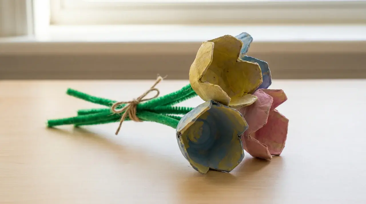 Four painted egg carton cup flowers with pipe cleaner stems grouped together on a light surface