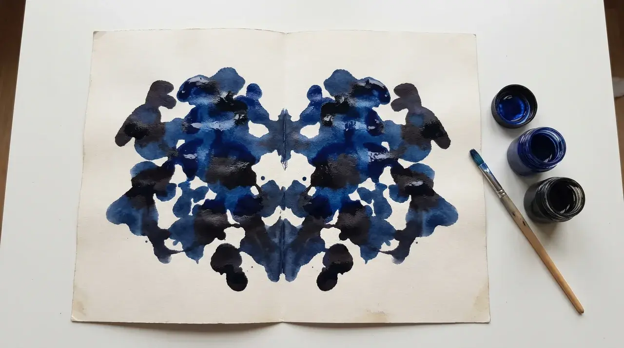 Open sheet of paper with symmetrical two-color ink blot pattern beside a paint brush and open paint on a white surface