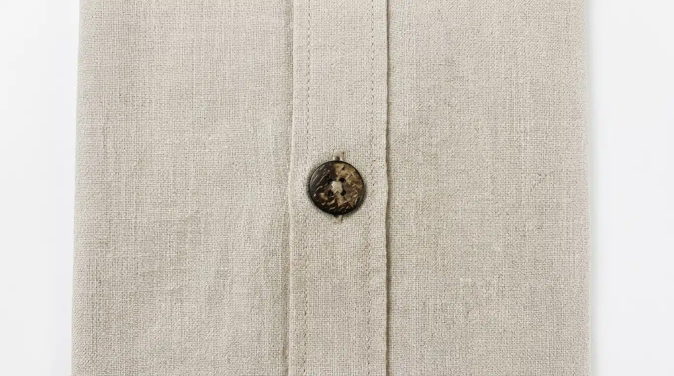 A round coconut buttons four-hole button sewn with a square stitch onto fabric.