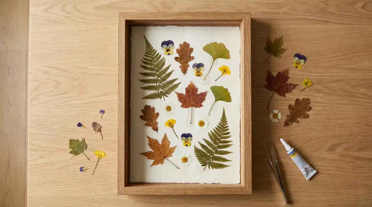 Pressed leaves and flowers arranged inside an open deep picture frame on a light surface with loose botanicals beside it