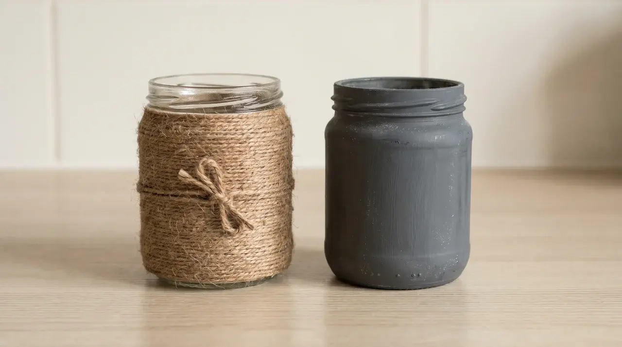 Two glass jars on a light surface, one wrapped in twine and one coated in matte chalk paint