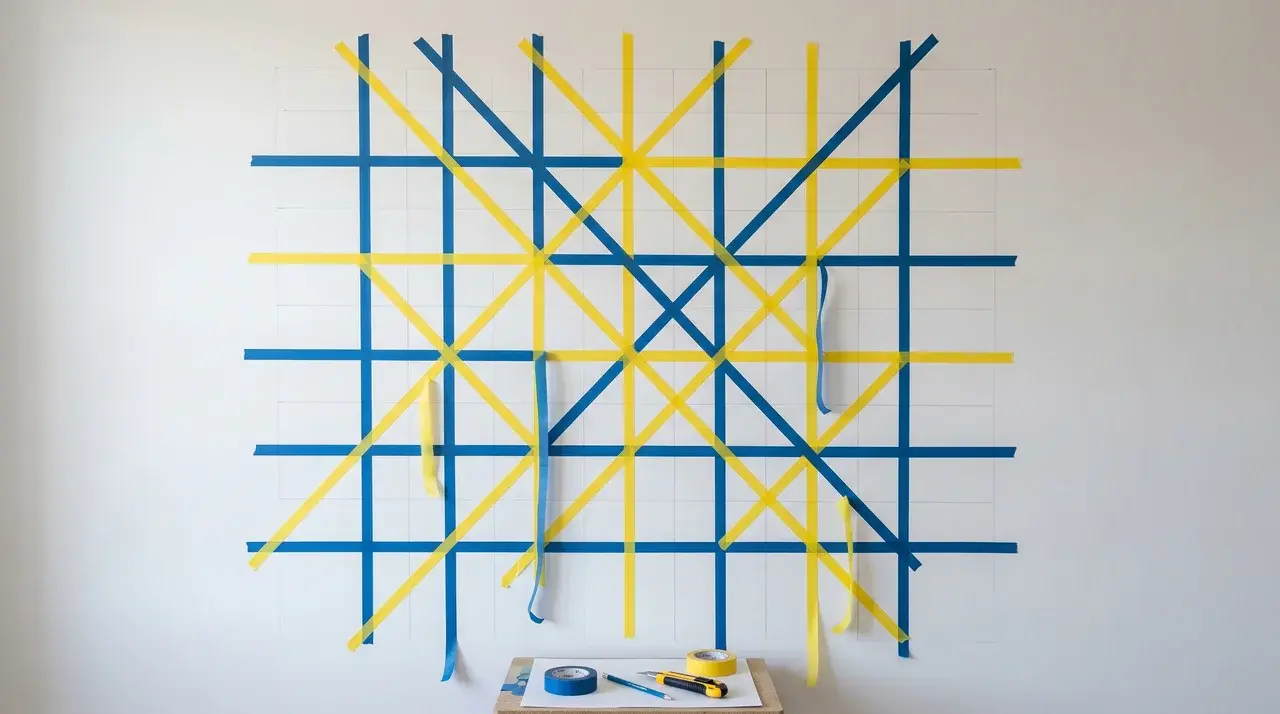 Two-color washi tape geometric grid pattern on a white wall with faint pencil lines visible beneath