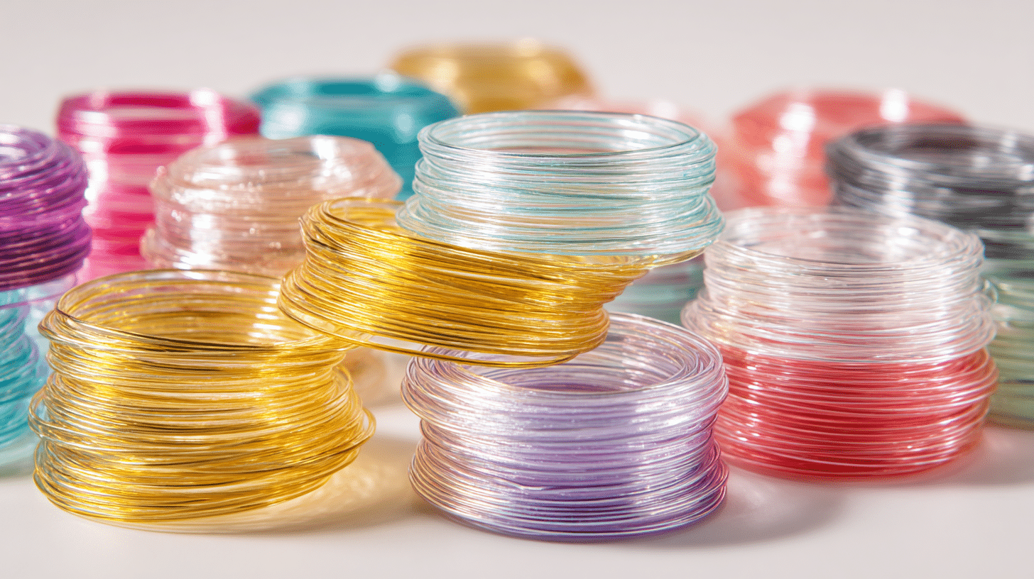 Clear and colorful elastic cord coils for stretchy friendship bracelets and bead projects
