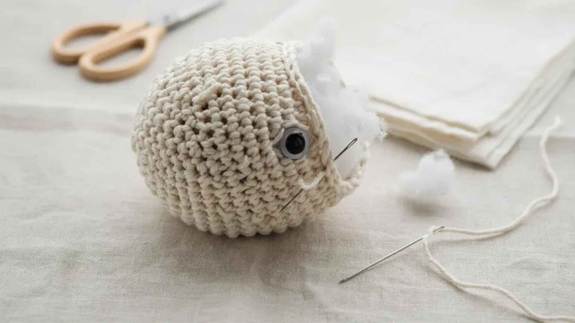 Stuffed crochet head with safety eyes inserted and fiberfill stuffing inside partially completed amigurumi shape