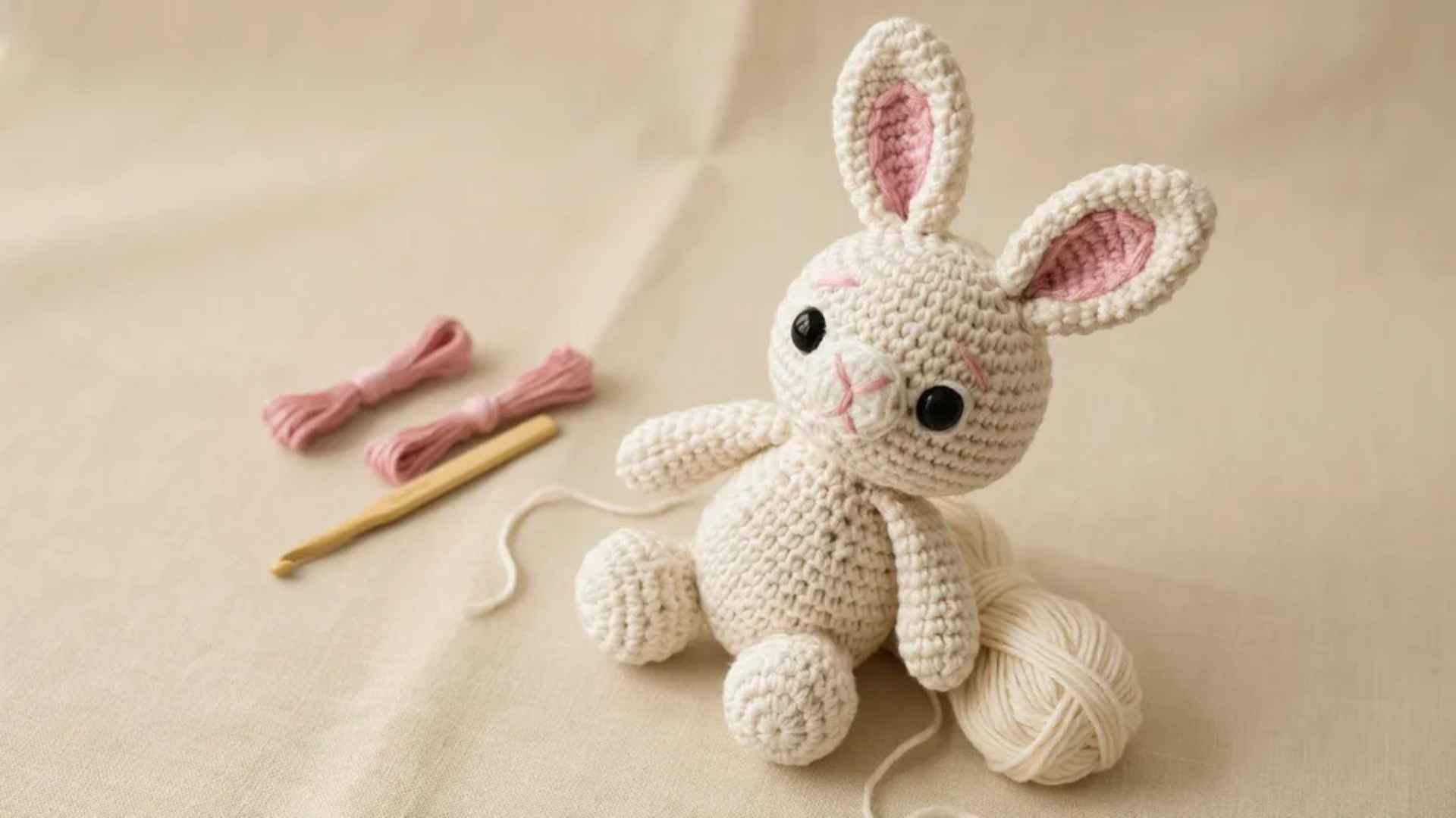 Finished crochet stuffed animal with embroidered face and yarn ends being woven into body for clean finishing touches