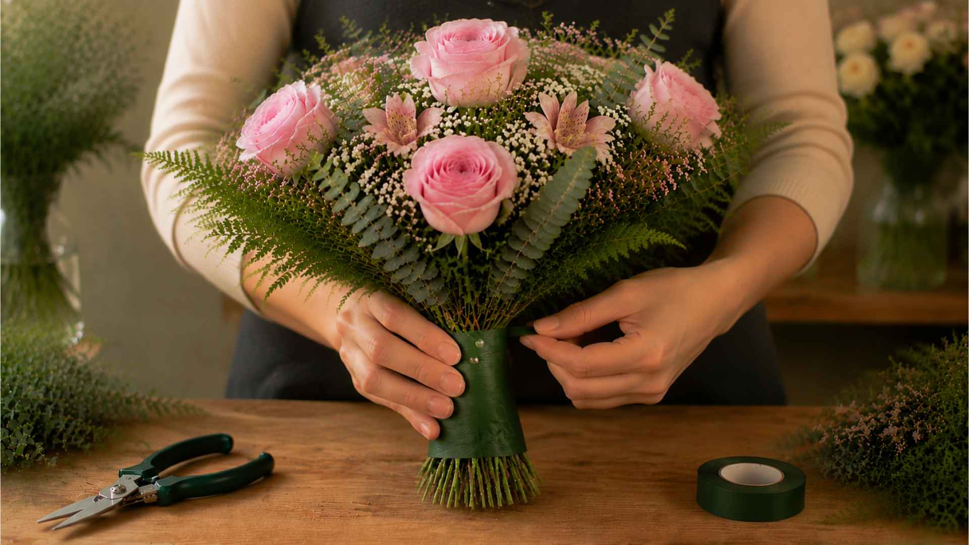 Wrapping bouquet handle with ribbon and pins