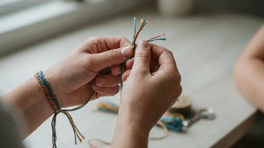 Hands tying a second knot on a friendship bracelet to keep it secure on the wrist.