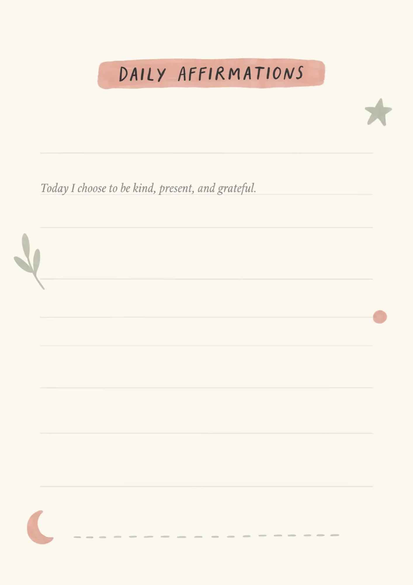 minimal affirmation page with lined sections and soft pastel decorative elements for daily positive statements
