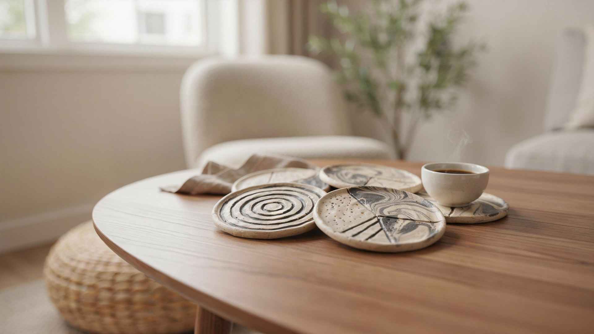 Decorative clay coasters with marble and geometric design